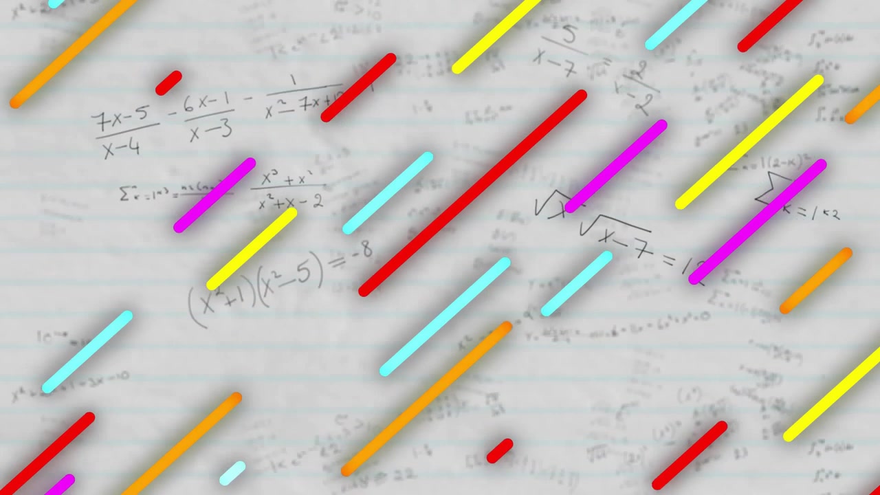 Opening lined paper colored bars sliding diagonally revealing algebra notes and covering equations