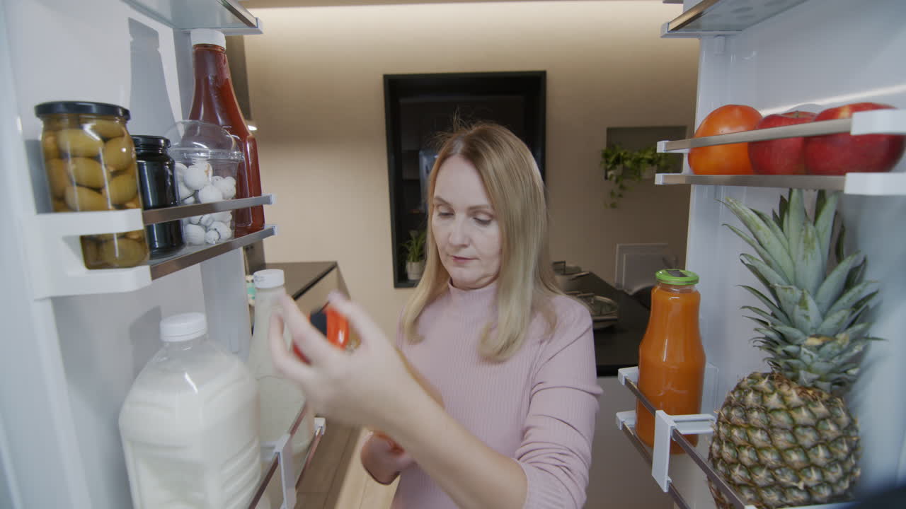 una mujer de mediana edad mira en su gran refrigerador de dos puertas