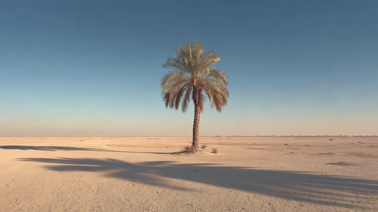 A solitary palm tree stands majestically in the expansive desert landscape, showcasing nature's resilience and beauty amidst vast sandy plains and clear blue skies