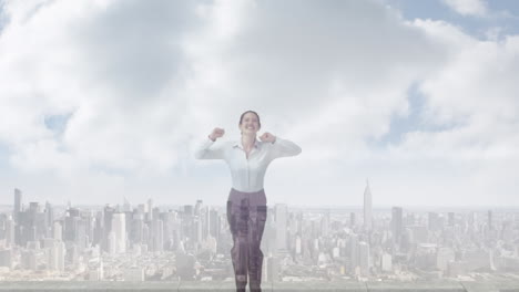 animación del paisaje urbano sobre una mujer de negocios biracial celebrando