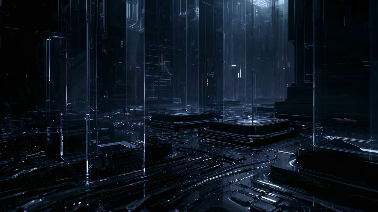 Camera panning center cluster of glass columns revealing pedestal and conduit details in dim vault