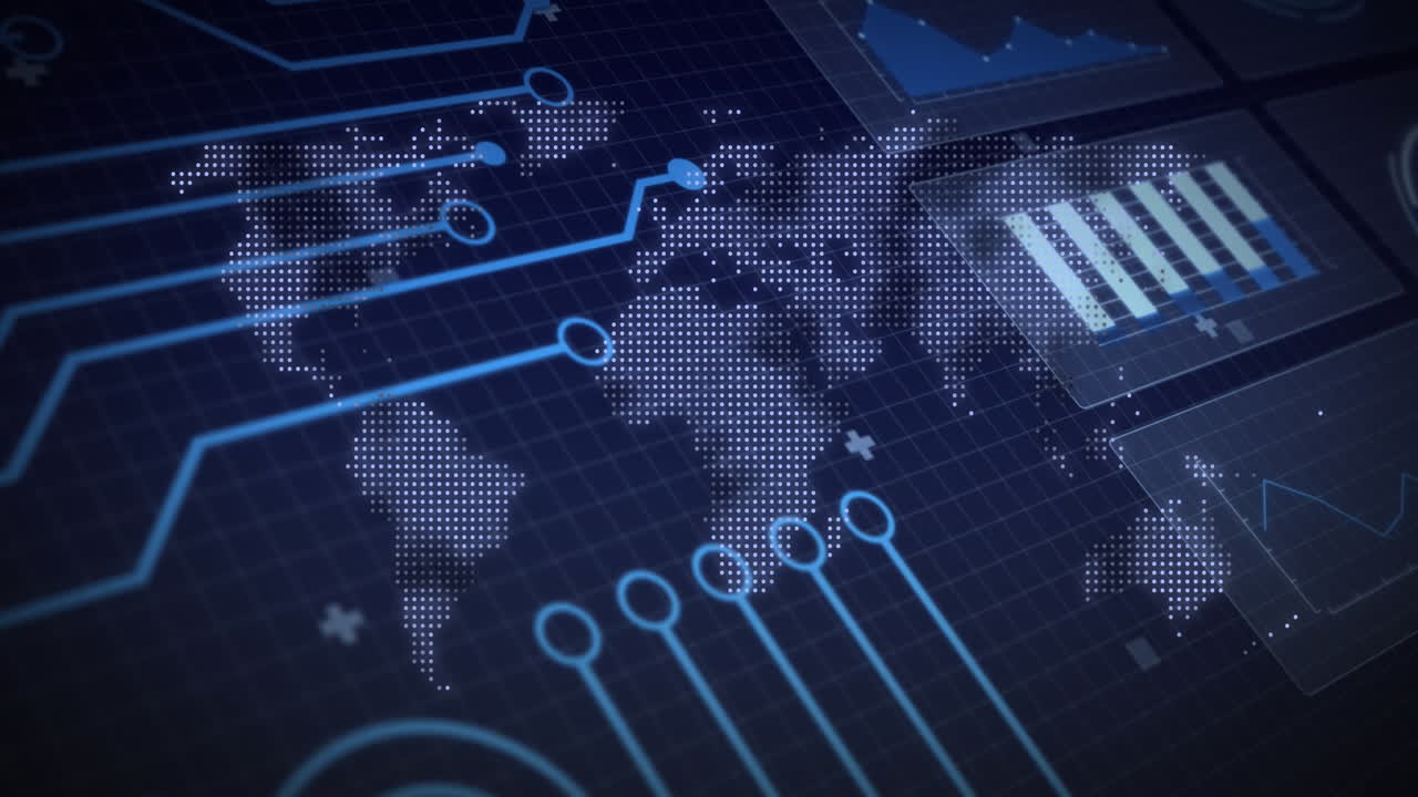 Animation of data processing and world map over blue background