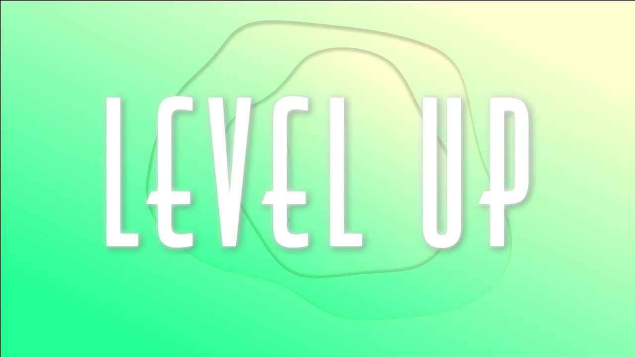 Level up text animation over green gradient background