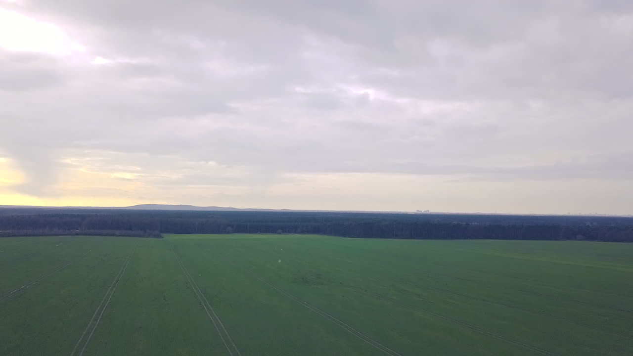 drone descending above grassland heading towards the horizon