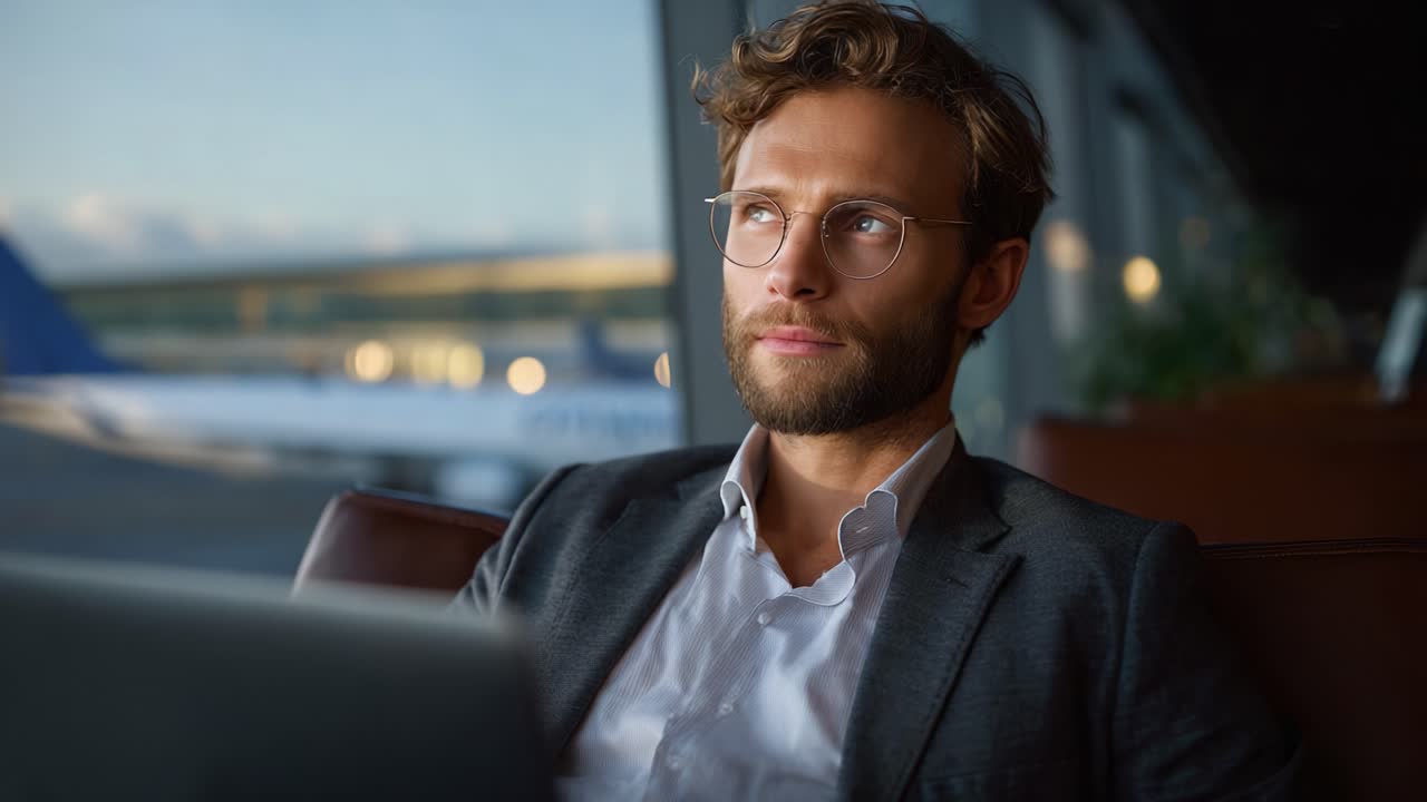 Empresário contemplativo trabalhando em um lounge de aeroporto moderno, usando um laptop com uma expressão pensativa e vestido elegantemente, em um cenário com fundo de aviação panorâmico