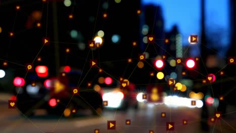 animación de iconos conectados sobre vehículos borrosos que se mueven por la calle en la ciudad
