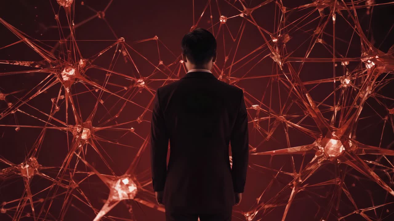 Man in suit standing in front of a brain network