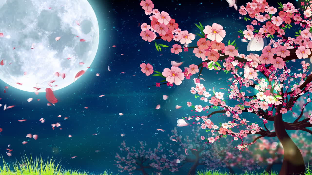 신비로운 풍경: 중국의 전통적인 동양 디지털 예술 애니메이션, 중국 레트로 페인팅 잉크, 꽃, 나무, 새, 흐린 배경의 강