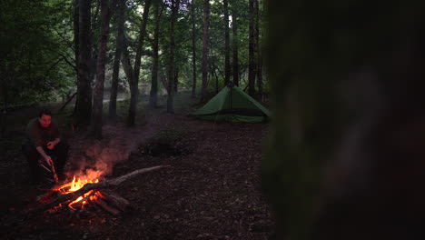 male person sitting and putting logs in campfire, revealing dolly slide