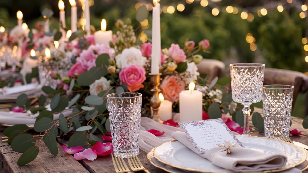Un Incantevole Allestimento per Cena in Giardino con Eleganti Composizioni Floreali, Soffusa Illuminazione a Candela e Affascinanti Decorazioni da Tavola per un Perfetto Incontro Serale.