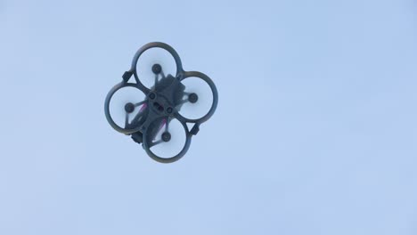 low-angle view of quadcopter drone flying above