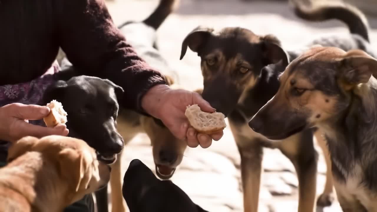 An Endearing Moment: An Elderly Woman Tenderly Shares Treats with a Group of Dogs in a Charming Street Scene