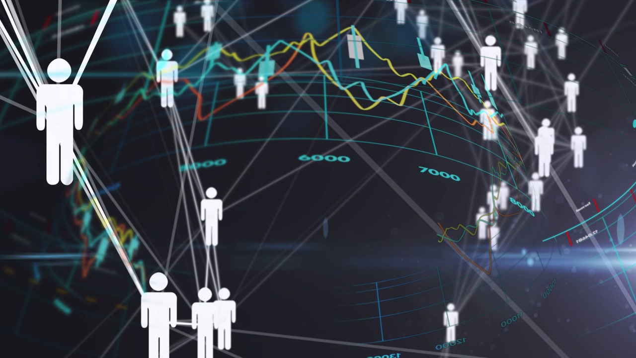 Vertical video: Left cluster of icons pulsing and moving in finance grid, charts causing node glows