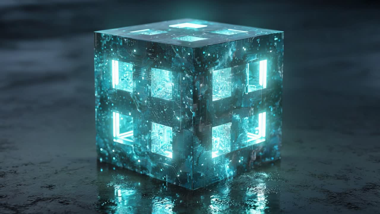 Mysterious sci fi cube with a detailed circuit board texture glowing with bright cyan energy and pulsating light, reflecting on a wet, dark concrete surface in a seamless loop animation