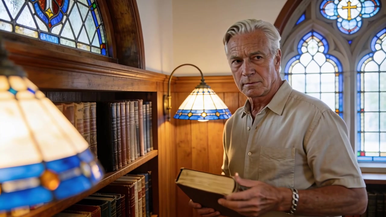 Individuazione di un grande libro in pelle, un uomo anziano in camicia beige si allunga, prende il libro e lo esamina in una cappella