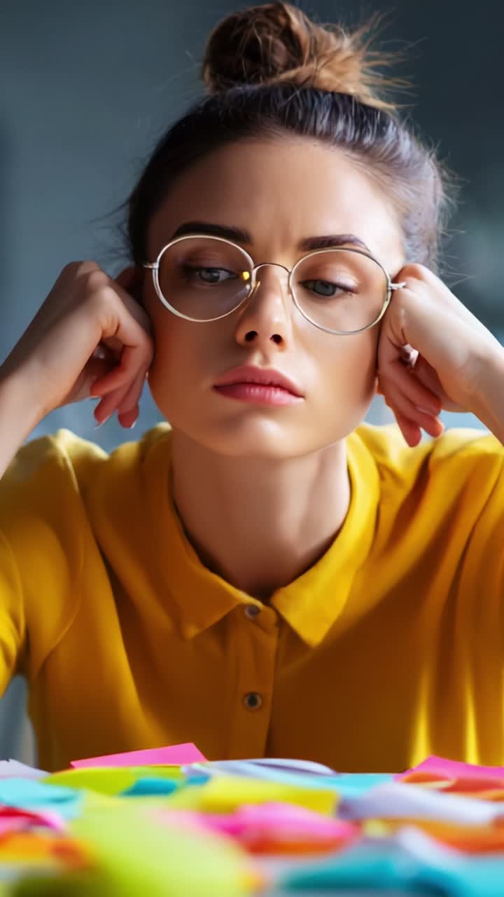 A thoughtful young woman in a bright yellow shirt contemplates a table full of vibrant sticky notes, showcasing a moment of reflection and creativity