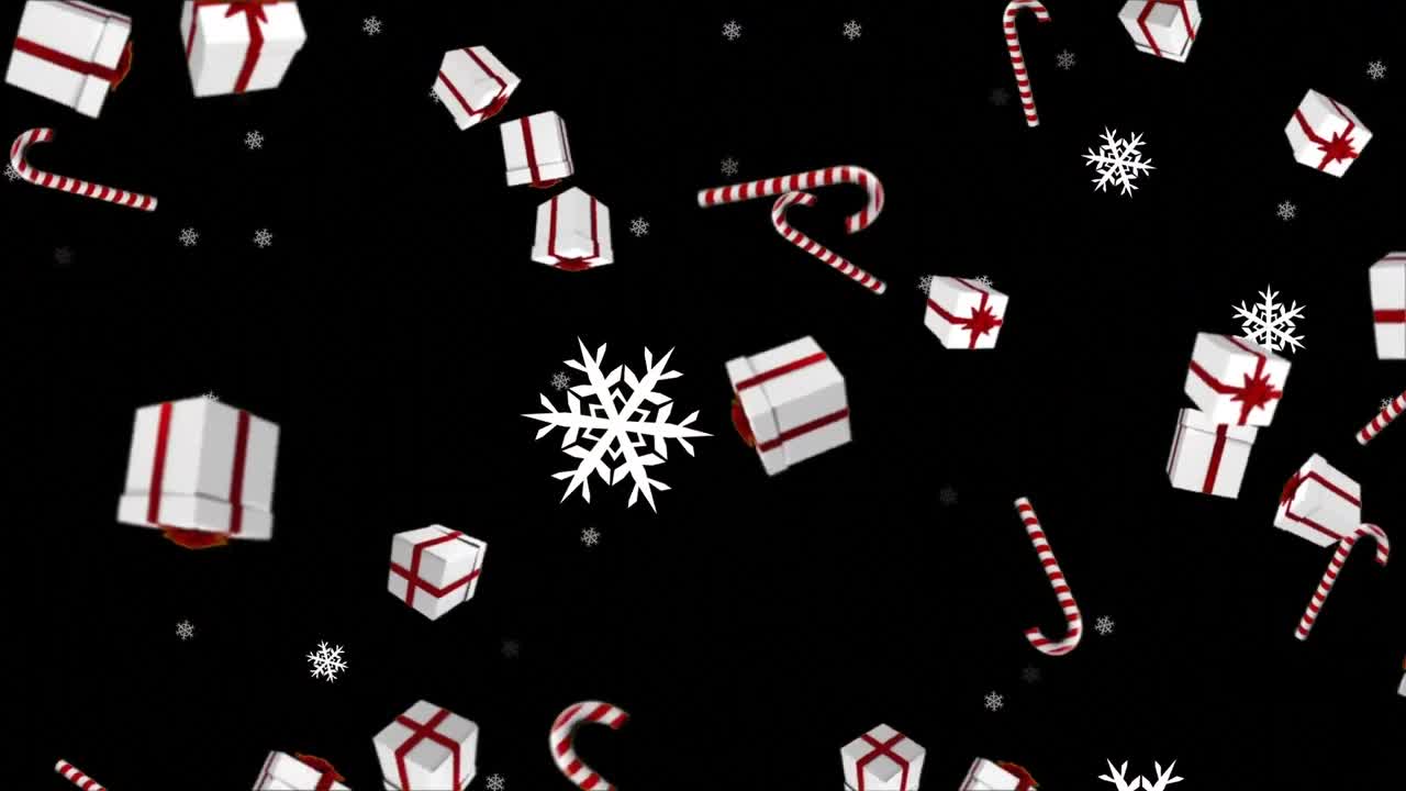 animación de regalos de navidad y nieve cayendo sobre fondo negro