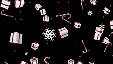 Animation-of-christmas-gifts-and-snow-falling-over-black-background