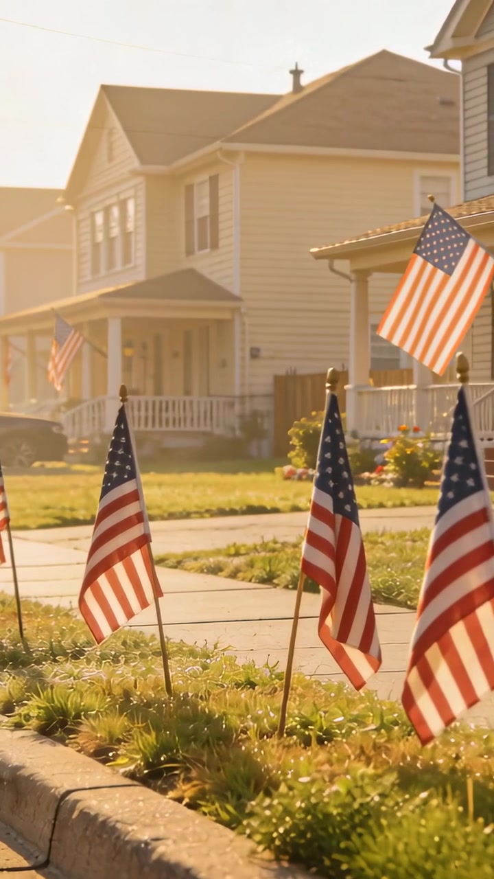Vertical video: Swaying small US flags on curb strip, camera panning as breeze moving flags