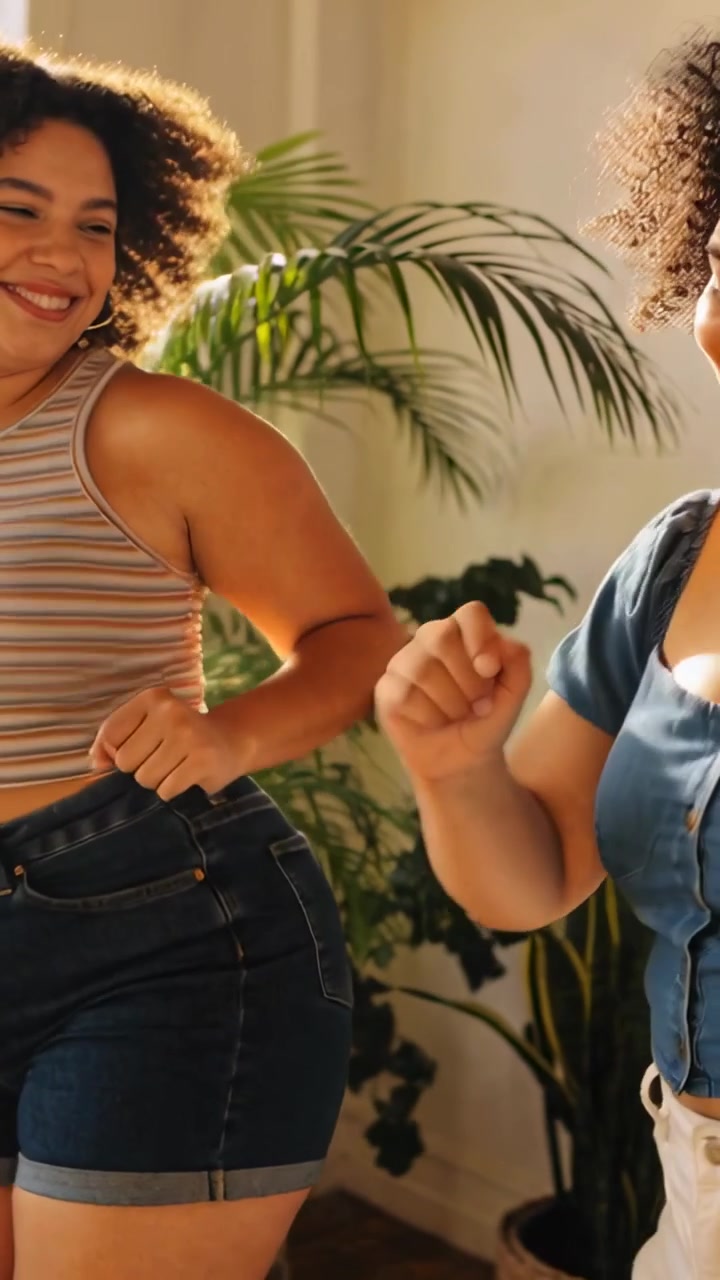Vertical video: Dancing two women in denim shorts stepping to music starting at home for fun, palm