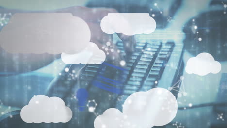 animation of clouds with digital icons over person using computer keyboard