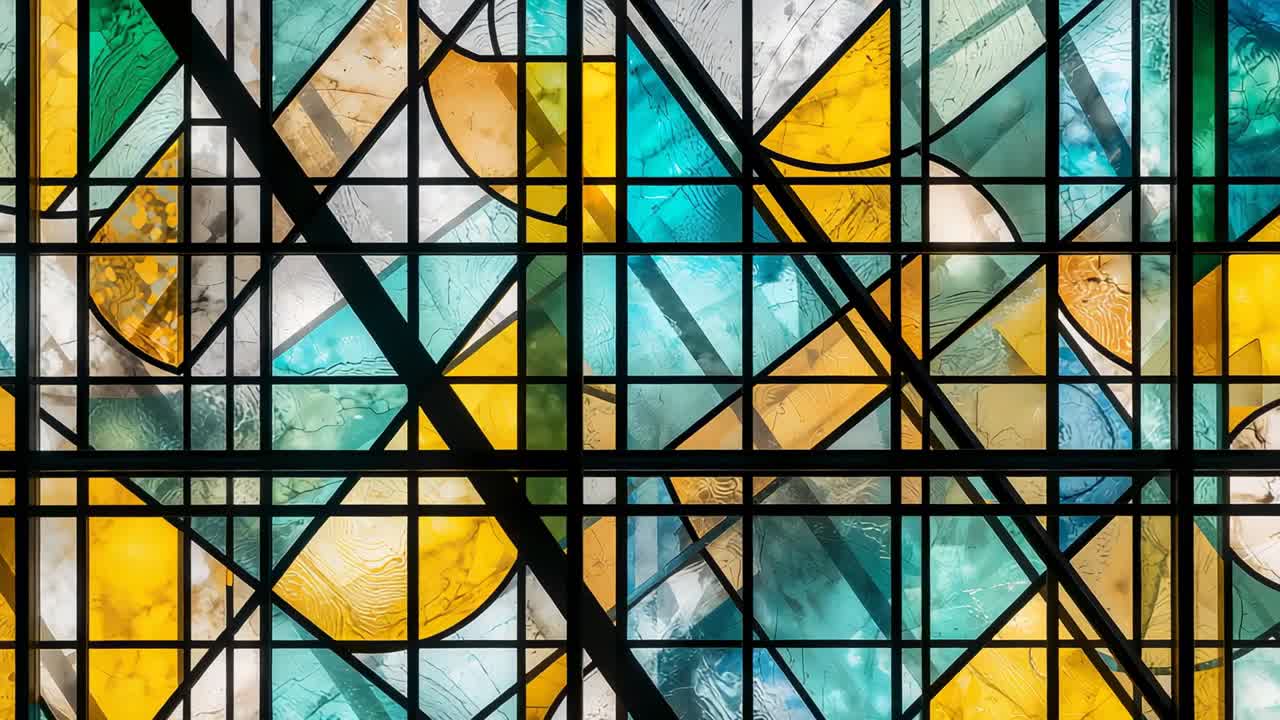 Showing centered geometric stained glass window panel inside church, with colorful glass panes