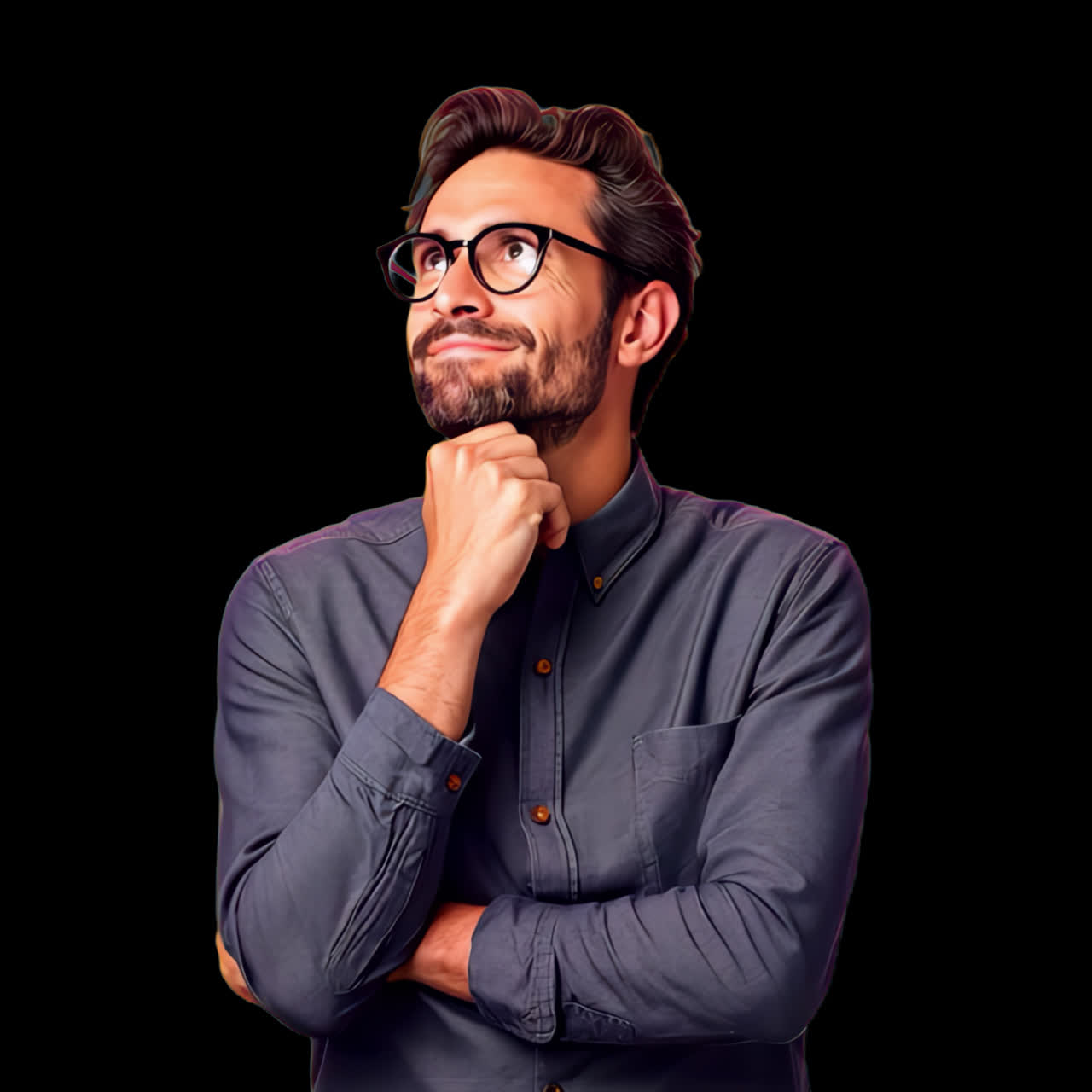 Animación aislada de hombre pensativo reflexionando sobre ideas, vídeo transparente en 4K, canal alfa, ProRes