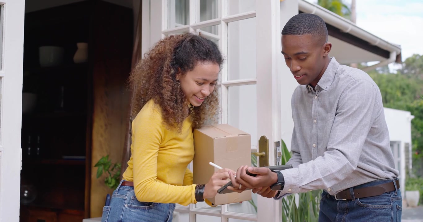 Courier, owner courier arriving at door with box tablet pen her tapping signing confirming delivery