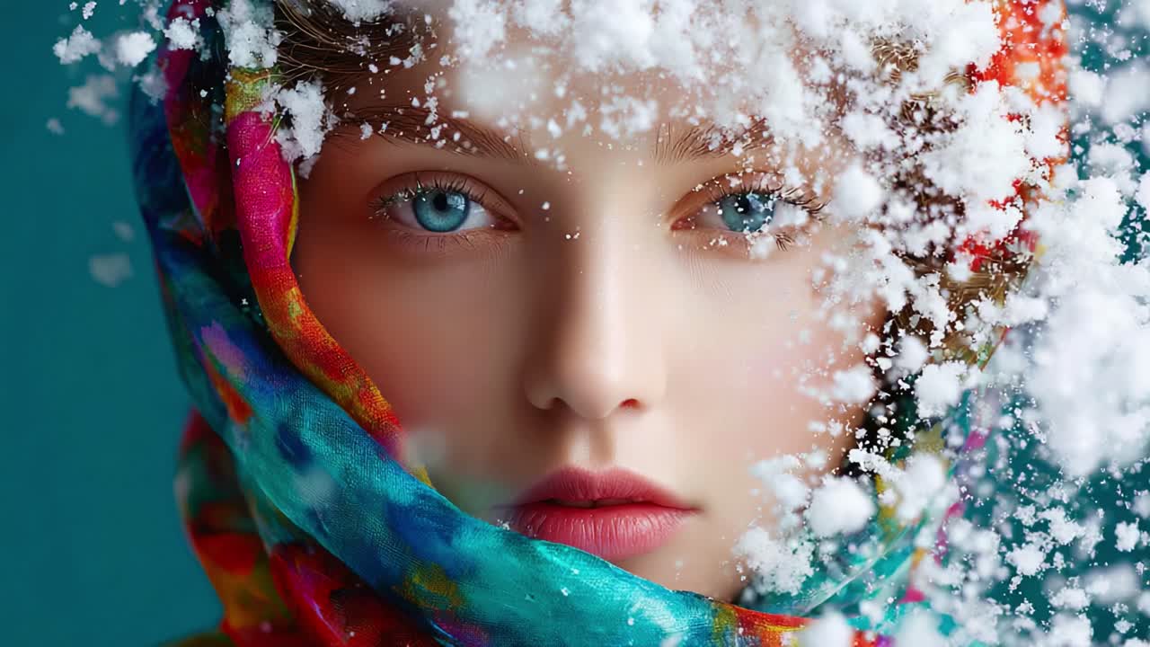 A serene portrait of a young woman with striking blue eyes partially covered with delicate snowflakes, adorned in a vibrant scarf, emphasizing beauty and tranquility against a winter backdrop