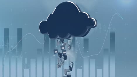 Icons rising into black cloud while graphs move in background