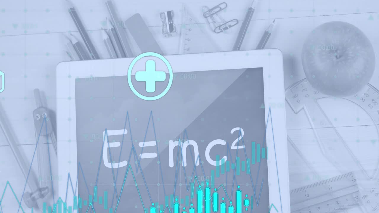 방정식, 서류 및 테이블에 사과와 함께 디지털 태블릿 위에 그래프와 아이콘의 애니메이션