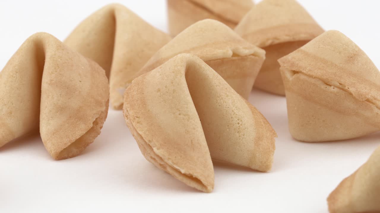 Primo piano di biscotti della fortuna cinesi tradizionali che girano lentamente su un tavolo bianco. Concetto di pasticceria e divinazione. Isolato, su sfondo bianco