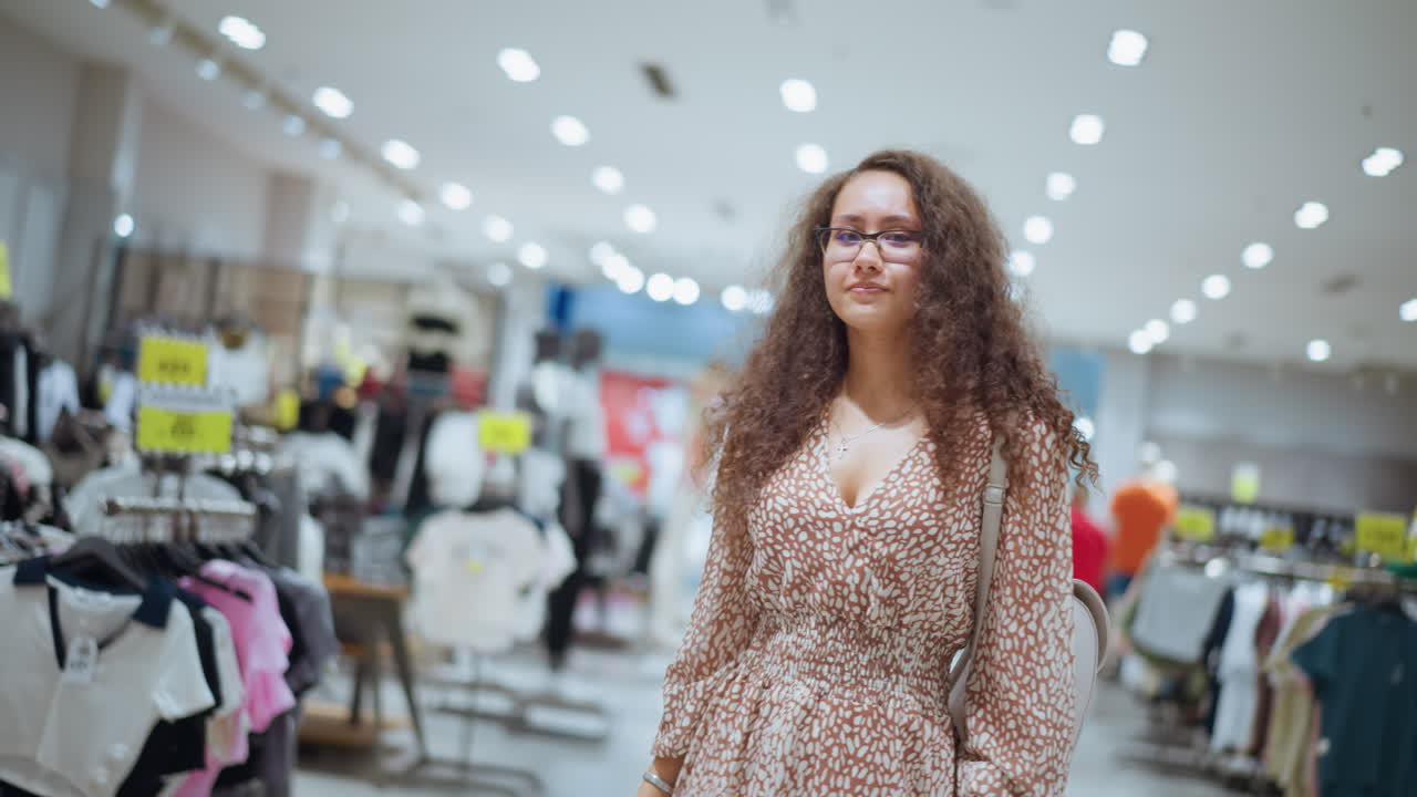 Joyful woman in vintage dress dances playfully in well-lit clothing store, holding her dress with a smile as she enjoys the shopping experience, other shoppers are visible in the background