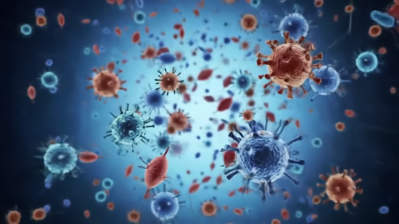 Uma visualização hipnotizante da vida microbiana: explorando o intrincado mundo de vírus, bactérias e células em uma exibição digital vibrante de padrões microscópicos