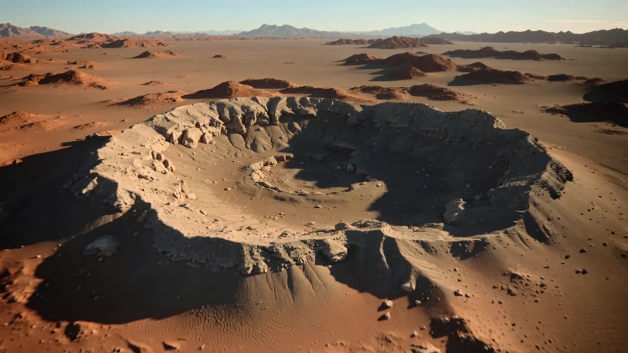 Telecamera che si allontana rivelando un cratere circolare su una pianura arida, mostrando il bordo rialzato e massi sparsi.