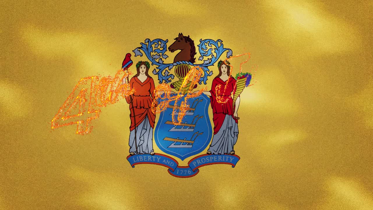 Fundo com a bandeira de Nova Jersey para letras de fogo do 4 de julho, em loop