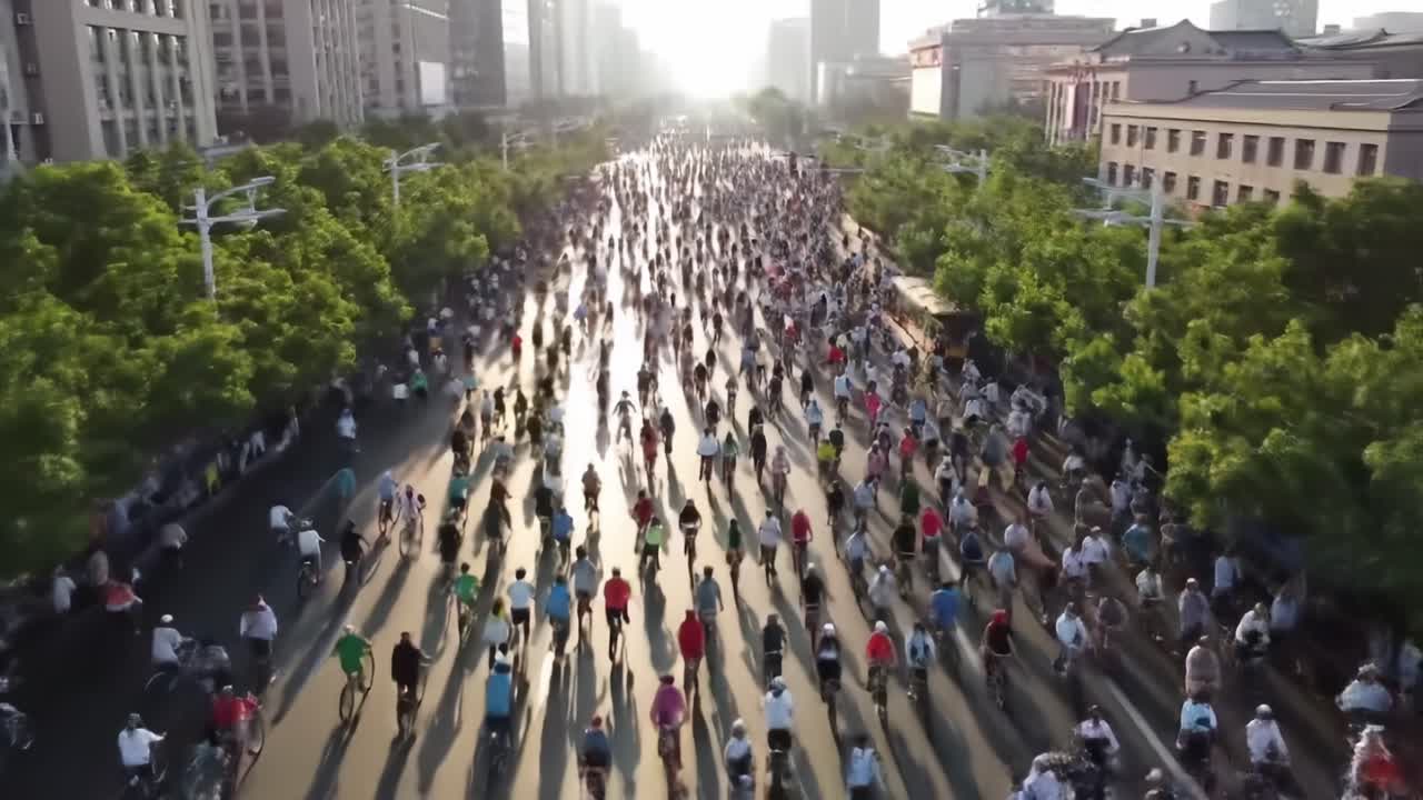 Aerial View of a Thriving Urban Landscape Filled with Cyclists During a Golden Sunset, Showcasing the Energy and Movement of City Life