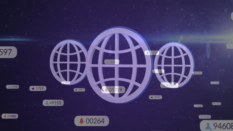 animación de iconos y números de redes sociales sobre tres globos púrpuras en el fondo