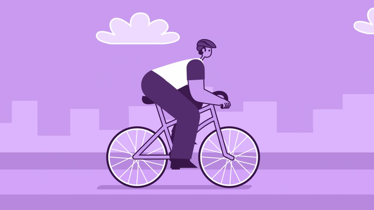 Purple Style Man Flat Character Speed Riding Bike. Isolated Loop Animation with Alpha Channel