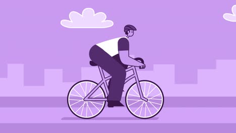 фиолетовый стиль человек плоский персонаж скорость езды на велосипеде. изолированная цикла анимация с альфа-каналом