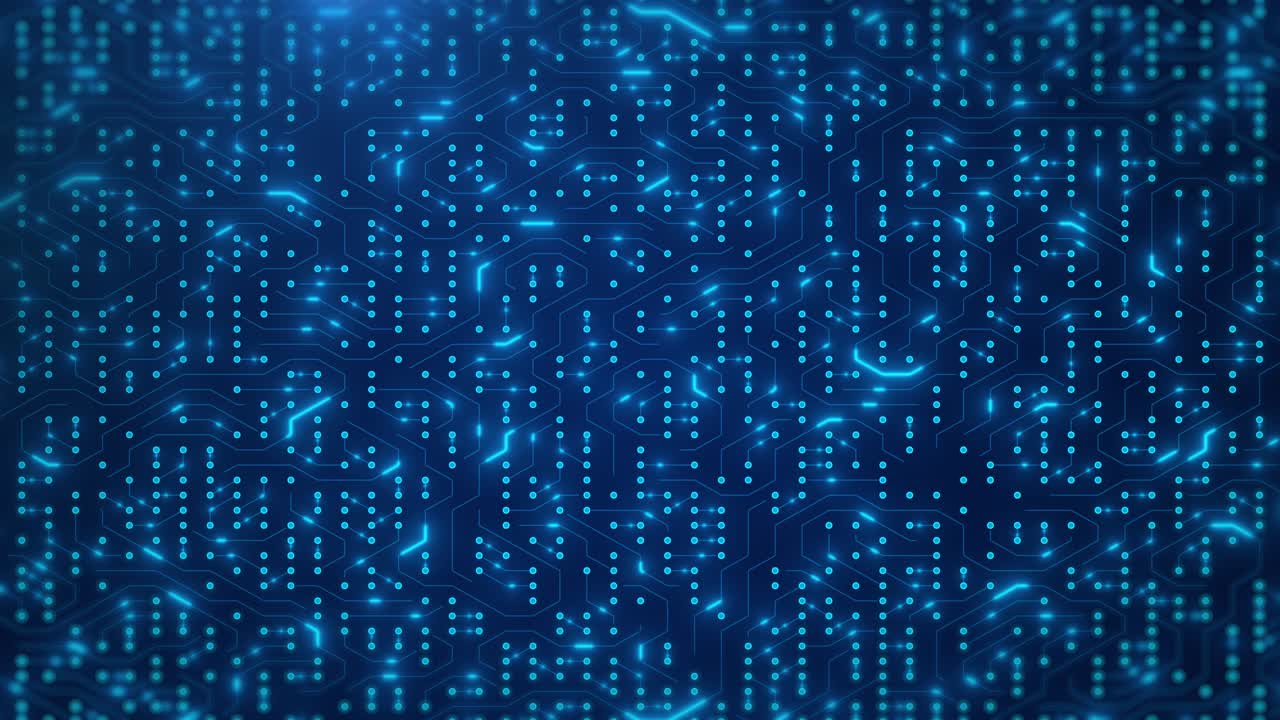 Kredsløbskort med bevægelige elektroner. Abstrakt elektronisk blåt kredsløbskortbaggrund. Kunstig intelligens