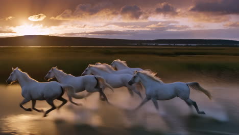 white horses running at sunset