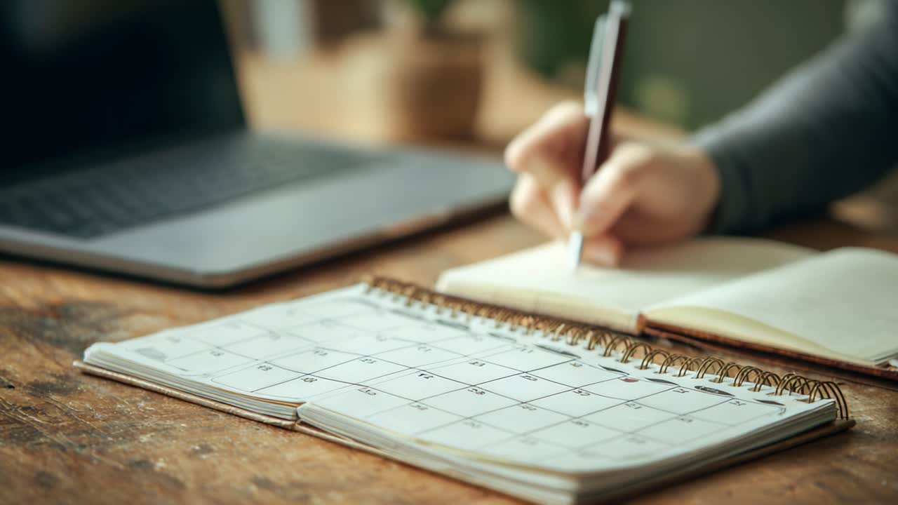 A Person Organizing Their Schedule by Writing Important Dates in a Notebook with a Calendar and Laptop in the Background for Productivity and Time Management