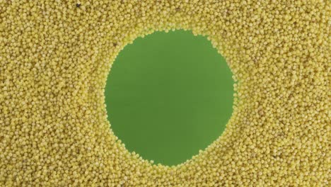 Rotation of millet grains scattered in a circle with space in the center. Top view.