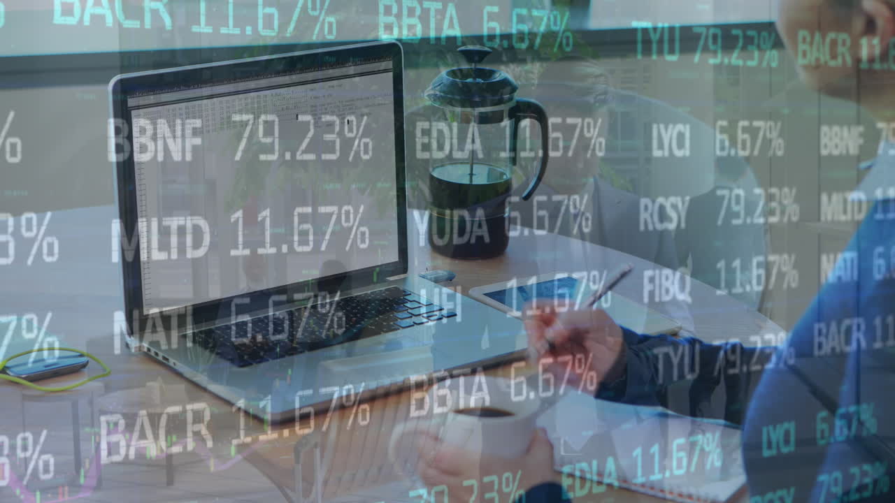Animation of financial data processing on caucasian woman drinking coffee and taking notes at office