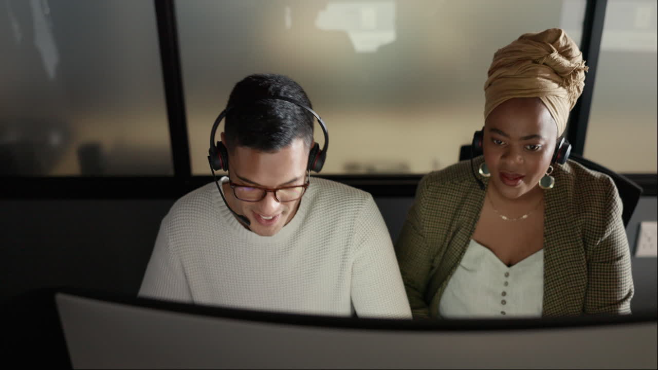 Call center, training and man coaching black woman