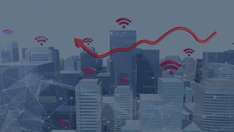 animación de flecha en movimiento con iconos wi-fi y puntos conectados contra la ciudad moderna en el fondo