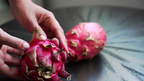 Manos-De-Mujer-Mostrando-Fruta-Del-Dragón-Rojo-A-La-Cámara-Rodajas-De-Fruta-Del-Dragón-Rojo-Y-Cultivando-Plantas-Exóticas-Pitaya