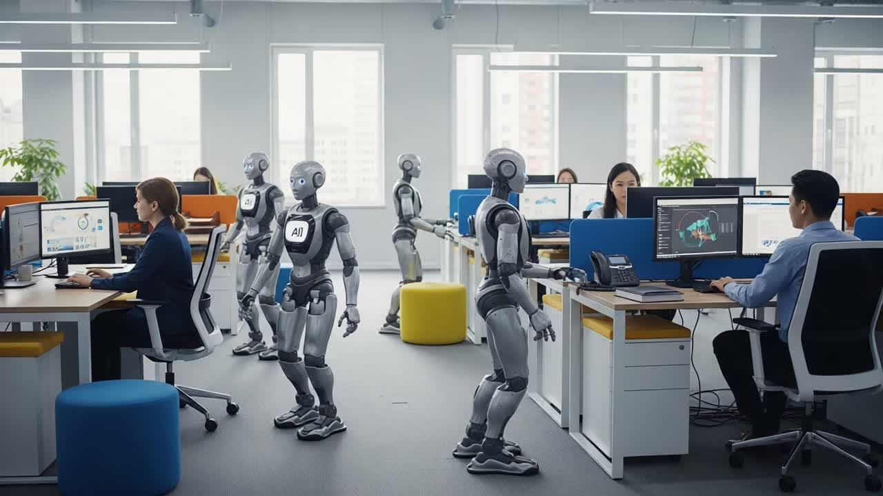 A Futuristic Office Scene with Humanoid Robots Collaborating and Engaging with Employees in a Modern Workspace Focused on Innovation and Technology.