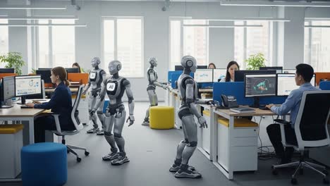 a futuristic office scene with humanoid robots collaborating and engaging with employees in a modern workspace focused on innovation and technology.